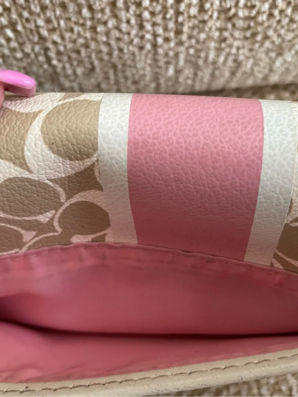Coach Beige Signature leather Trifold Wallet with Pink Center Stripe